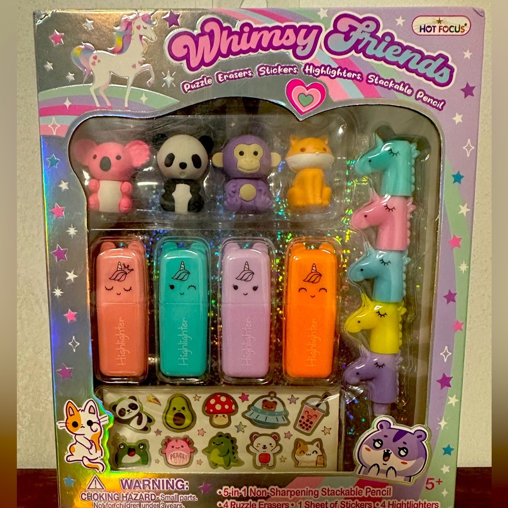 Whimsy Friends Puzzle Erasers, Stickers, Highlighters, Stackable Pencils Markers